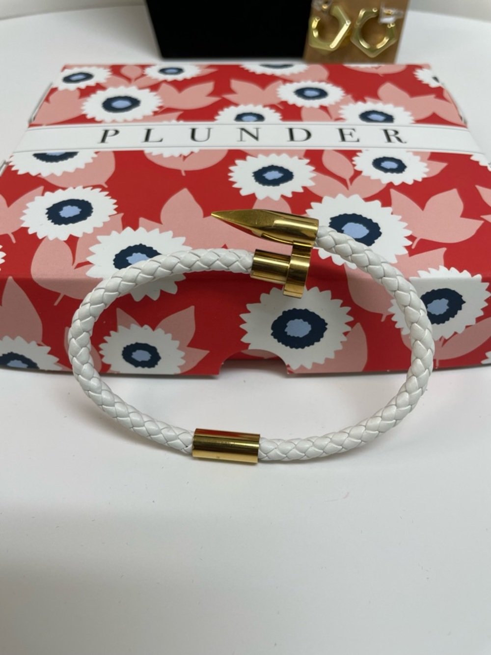 Plunder White Braided Leather Bracelet with Gold-Tone Bullet Ends